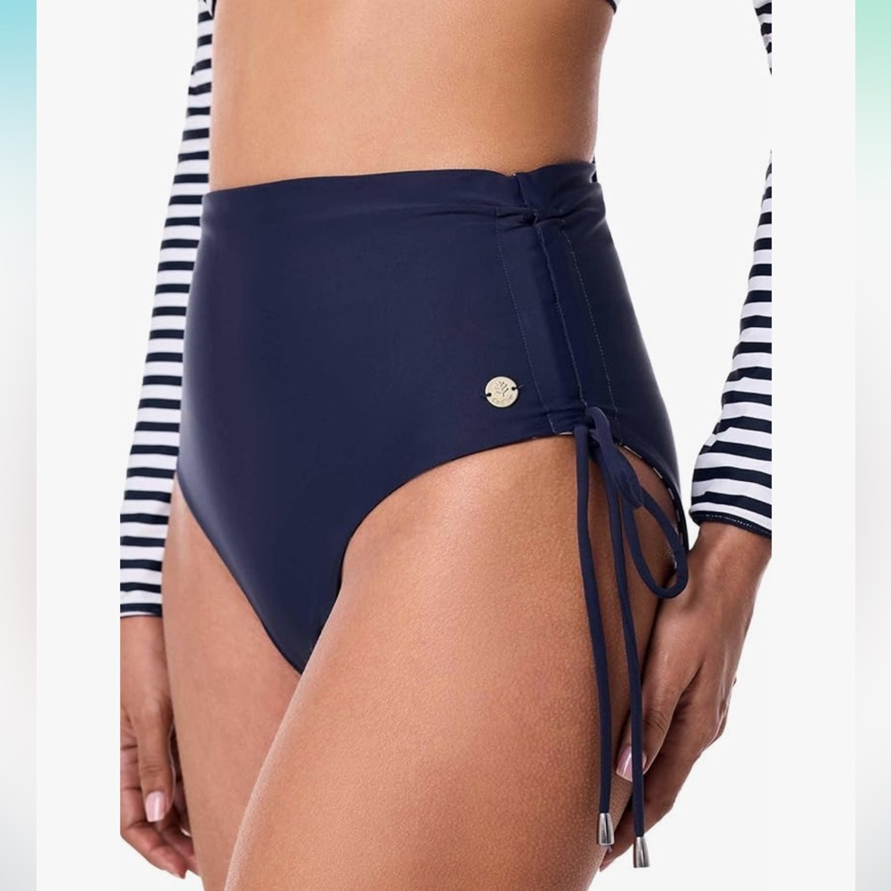 Coolibar Myrtle High-Waisted Bikini Bottom in reversable navy